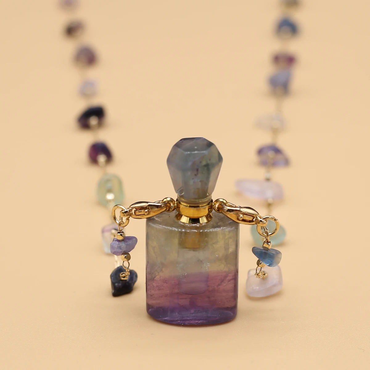 1pc Square Natural Stone Fluorite Perfume Bottle Pendants For Necklace Reiki Essential Oil Diffuser Bottle Charm Women Necklace