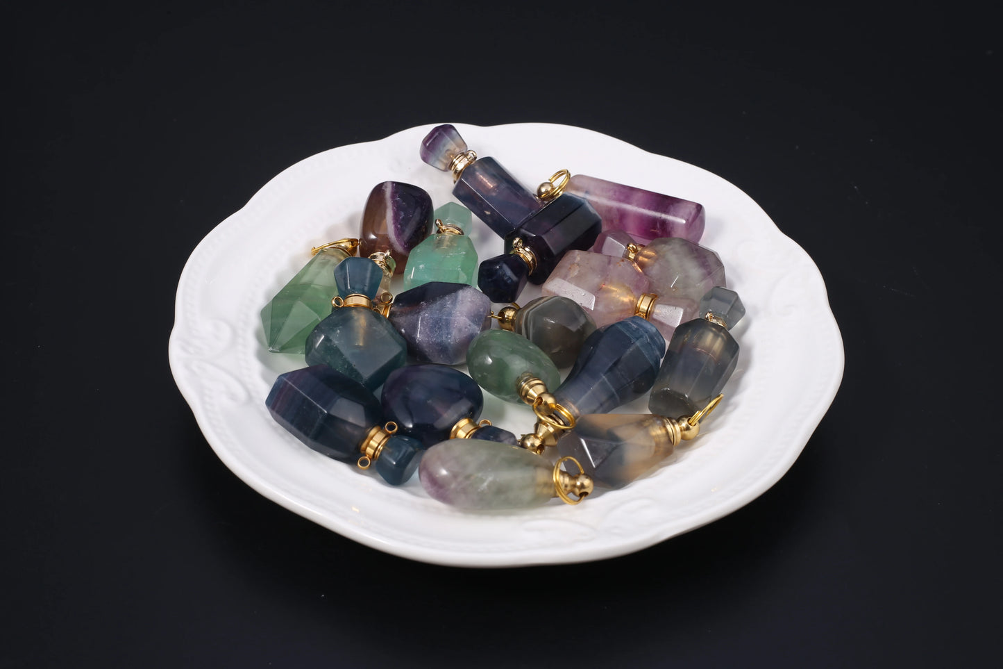 1pc Square Natural Stone Fluorite Perfume Bottle Pendants For Necklace Reiki Essential Oil Diffuser Bottle Charm Women Necklace