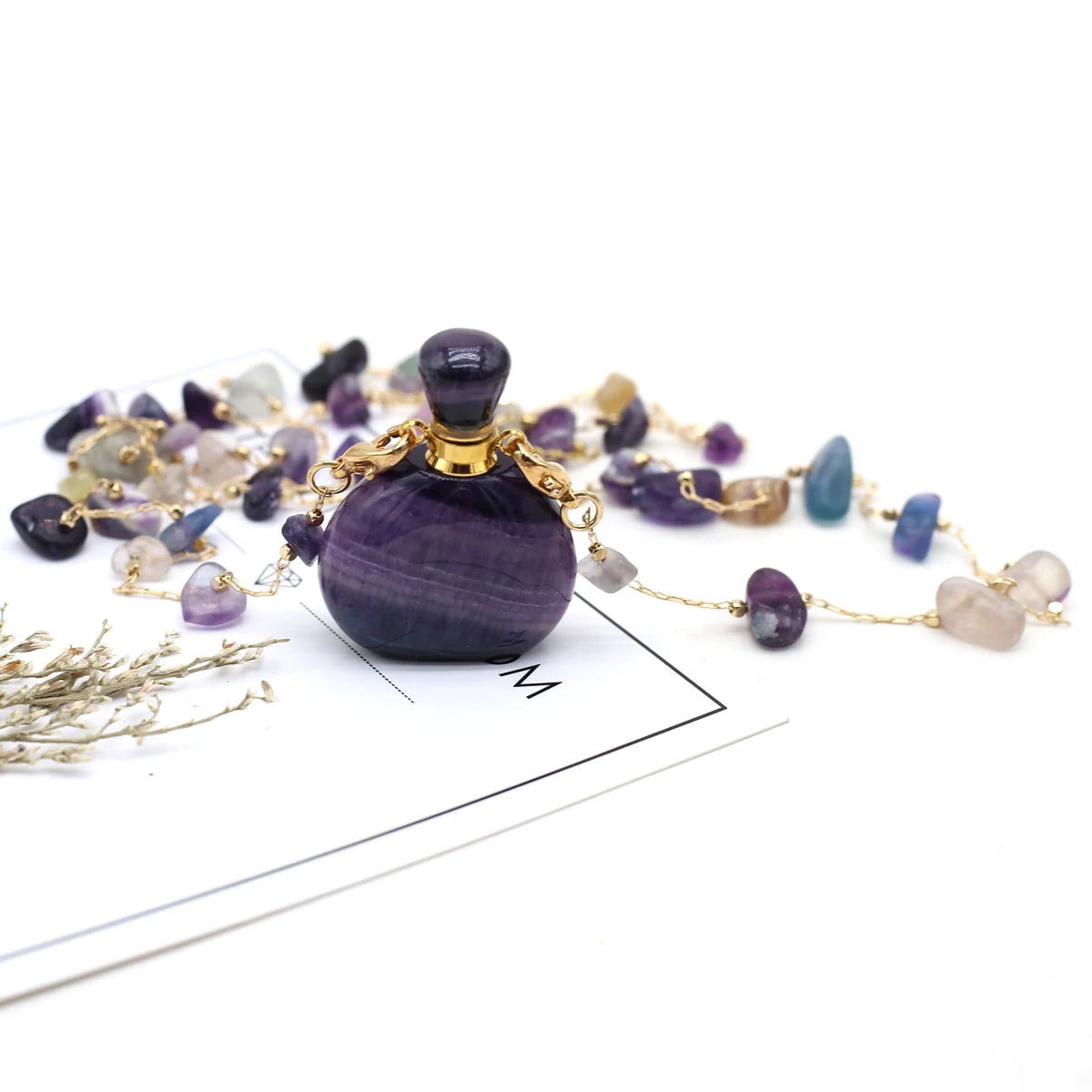 1pc Square Natural Stone Fluorite Perfume Bottle Pendants For Necklace Reiki Essential Oil Diffuser Bottle Charm Women Necklace