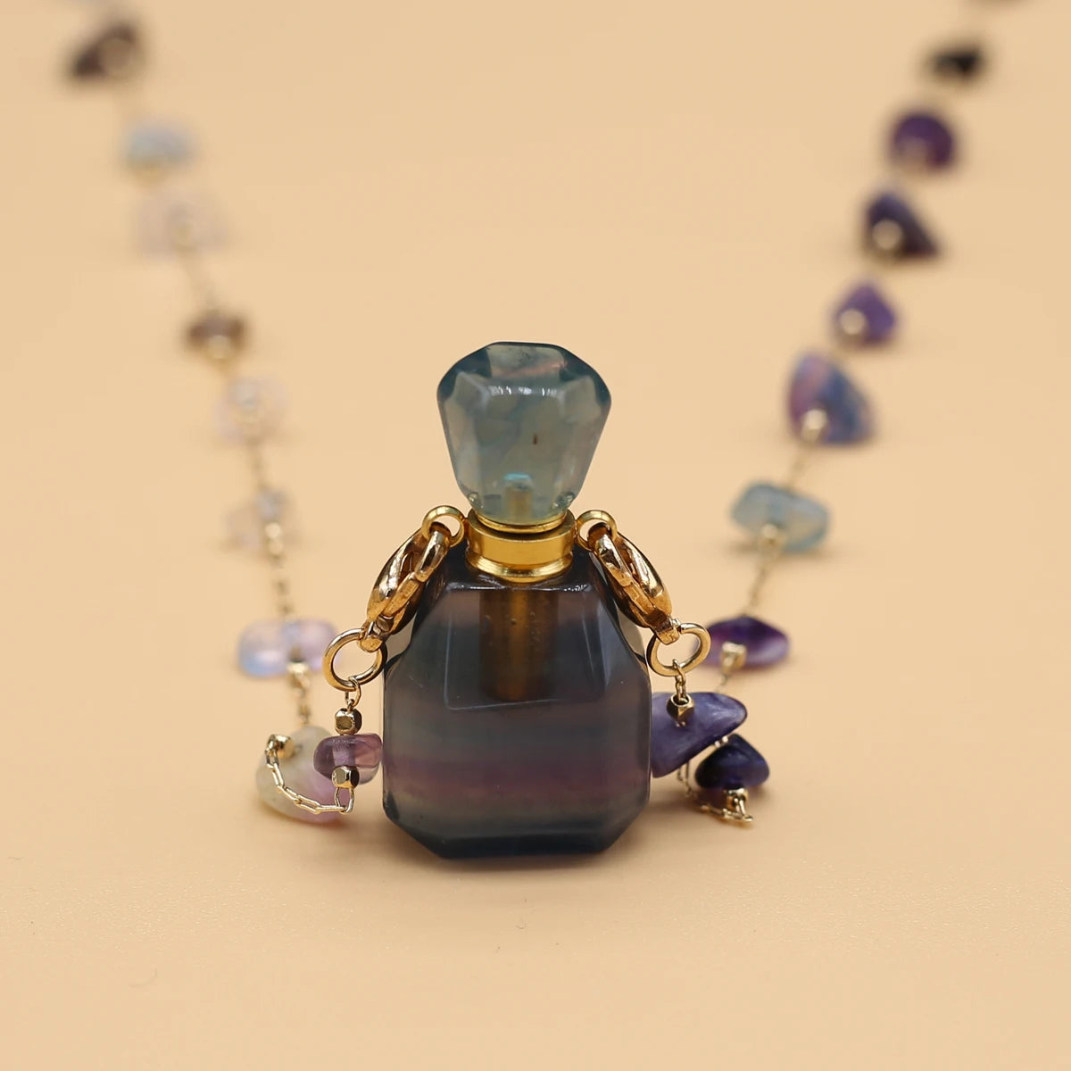 1pc Square Natural Stone Fluorite Perfume Bottle Pendants For Necklace Reiki Essential Oil Diffuser Bottle Charm Women Necklace