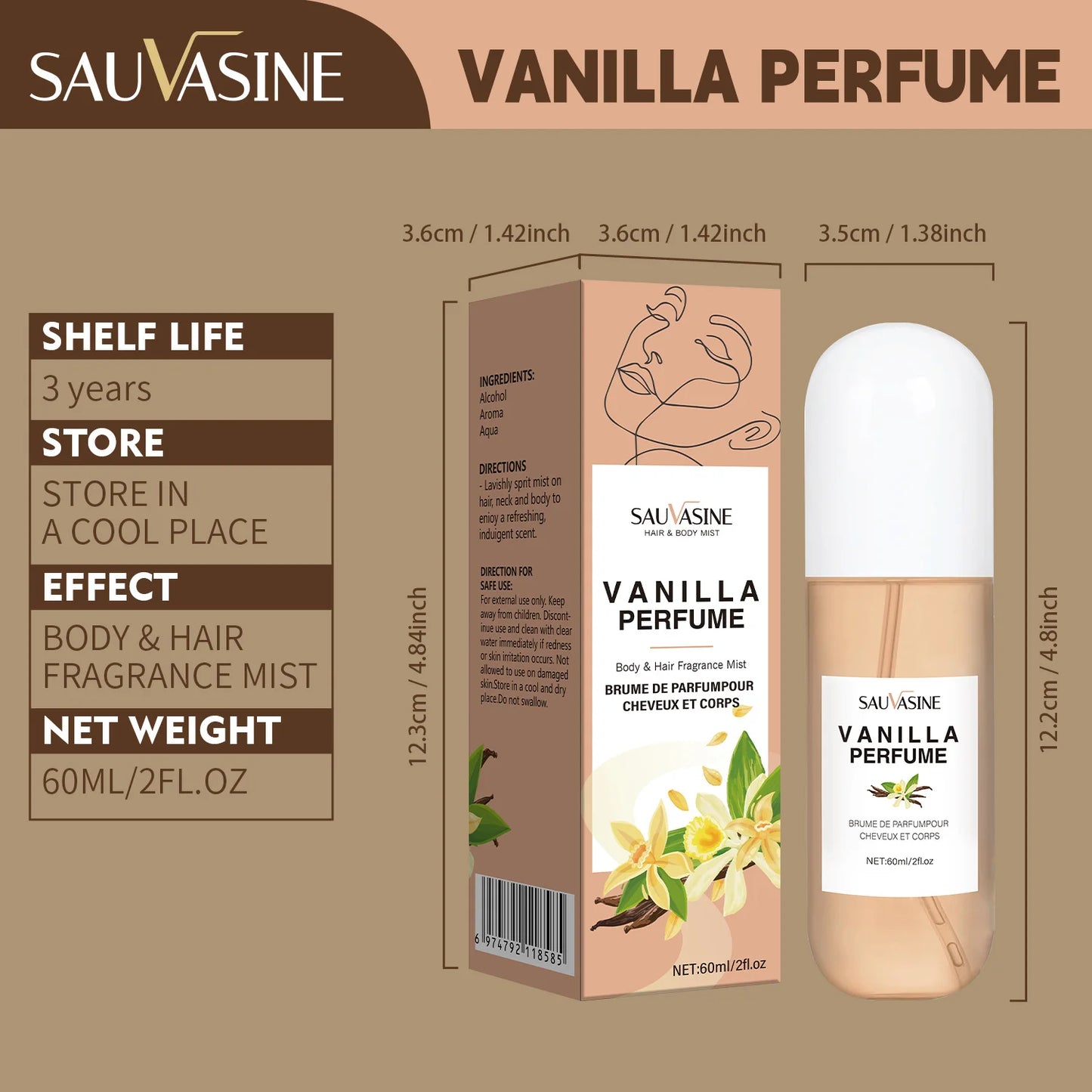 Vanilla Skin Body Mist Vanilla Skin Perfume Hair and Body Mist for Women & Men Long-Lasting Fragrance Body Spray(2.03Fl Oz)