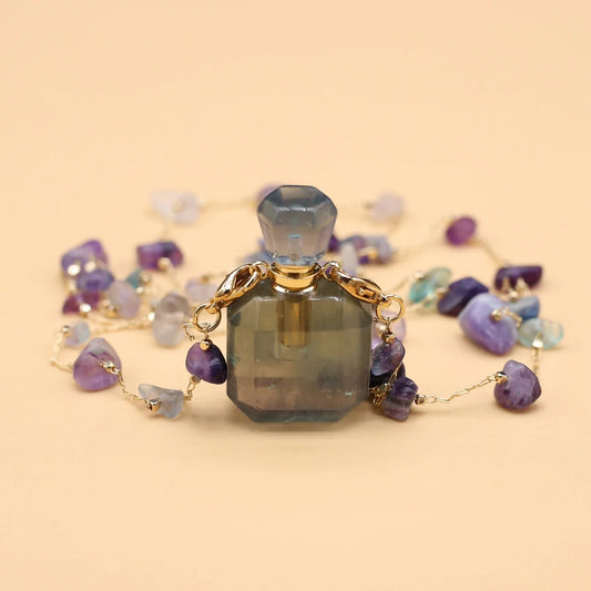 1pc Square Natural Stone Fluorite Perfume Bottle Pendants For Necklace Reiki Essential Oil Diffuser Bottle Charm Women Necklace